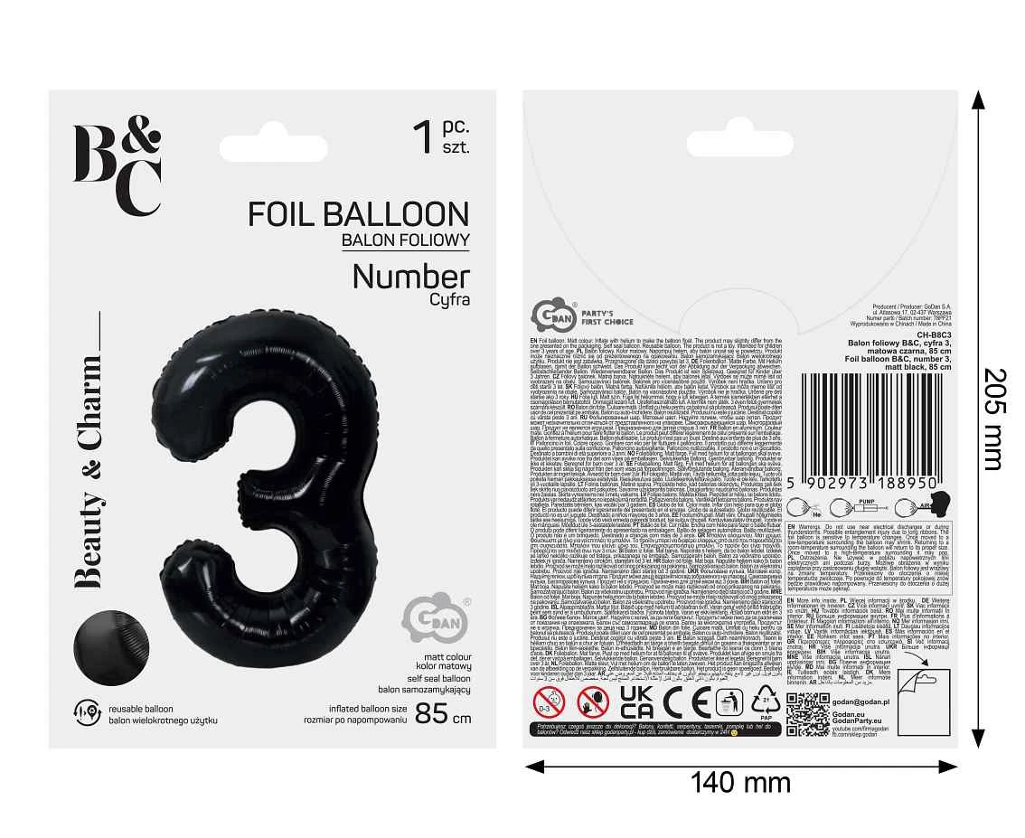 Foil balloon B&C, number 3, matt black, 85 cm
